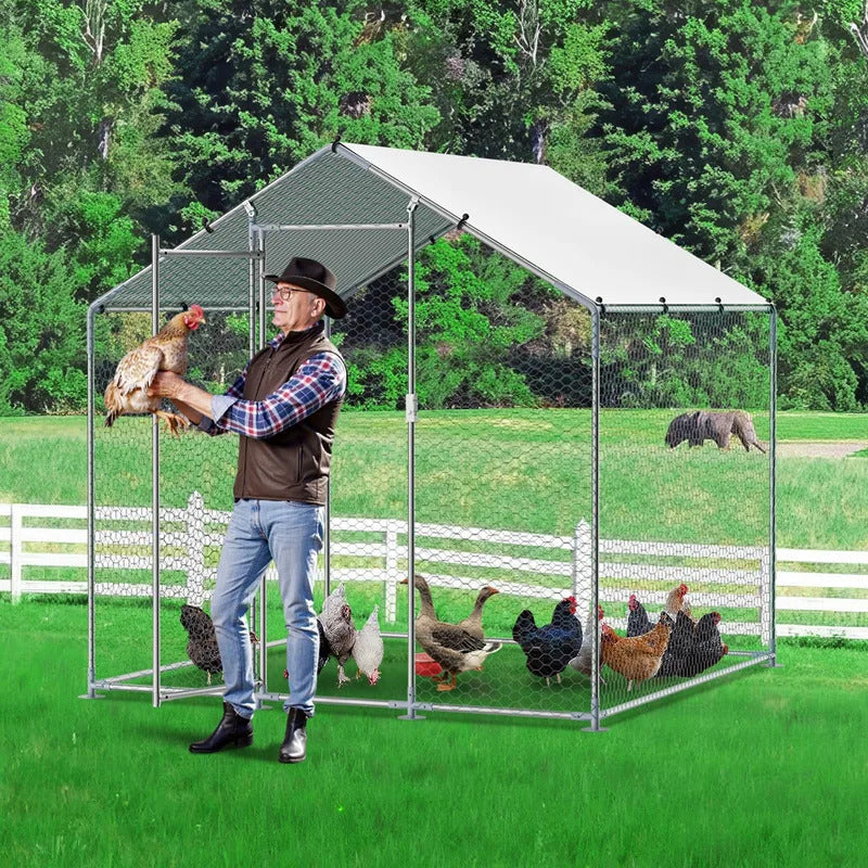 Metal Chicken Coop Walk-in  Run with Cover Spire Roof