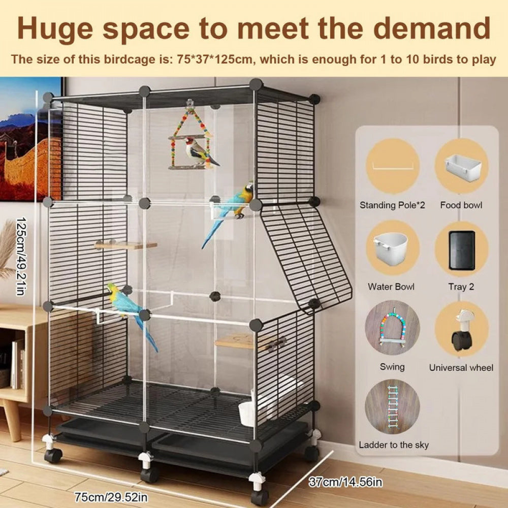 Bird Cage Universal Wheel Metal Parrot Cage with Stand Tray Swing
