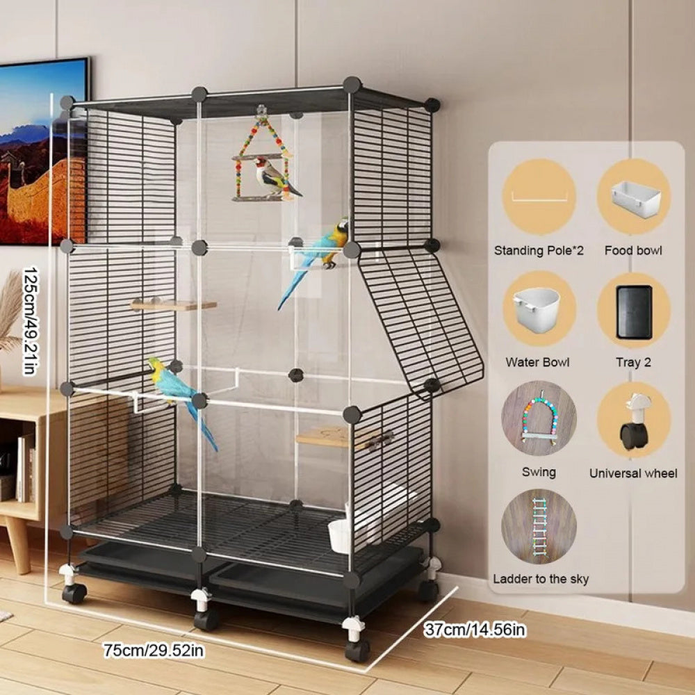 Bird Cage Universal Wheel Metal Parrot Cage with Stand Tray Swing